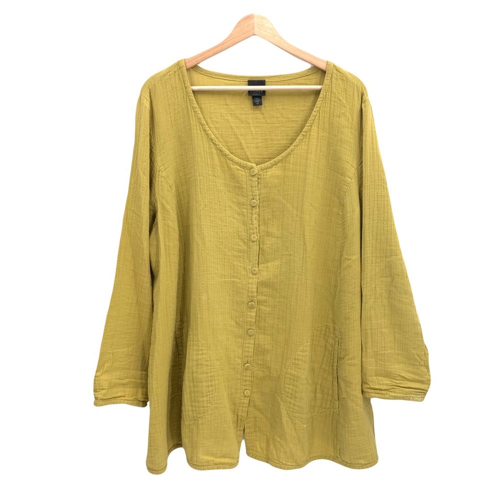 Eileen Fisher Green 100% Cotton 3/4 Sleeve Button Up Tunic w/ Pockets Size 2X